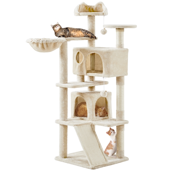 🐱 Daugiaaukštė kačių draskyklė su nameliais – smėlio spalvos - Image 3